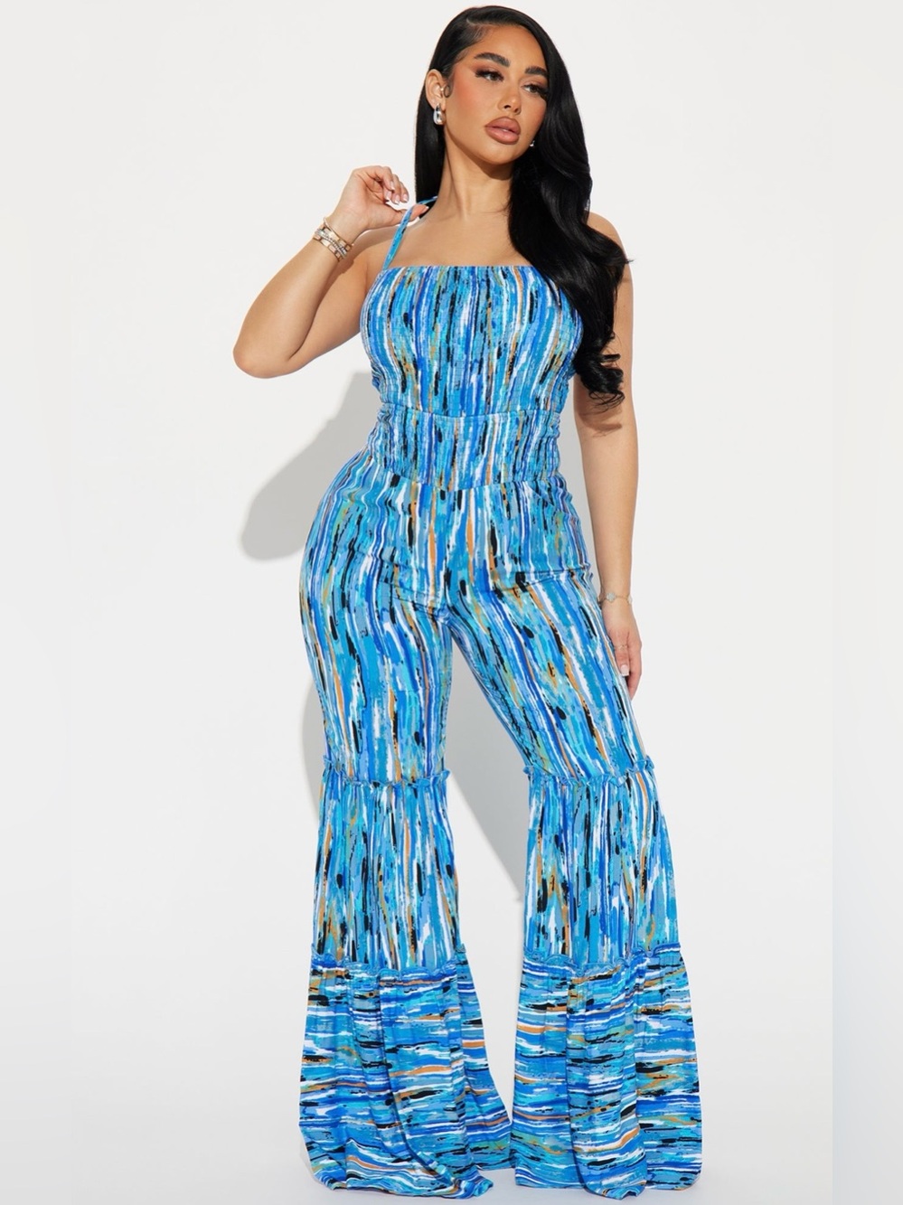 Fashion Nova Blue Multi-Print Strapless Jumpsuit